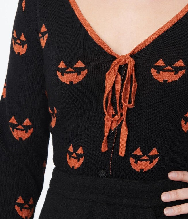 Unique Vintage Black & Orange Pumpkin Crop Cardigan, , alternate image number null