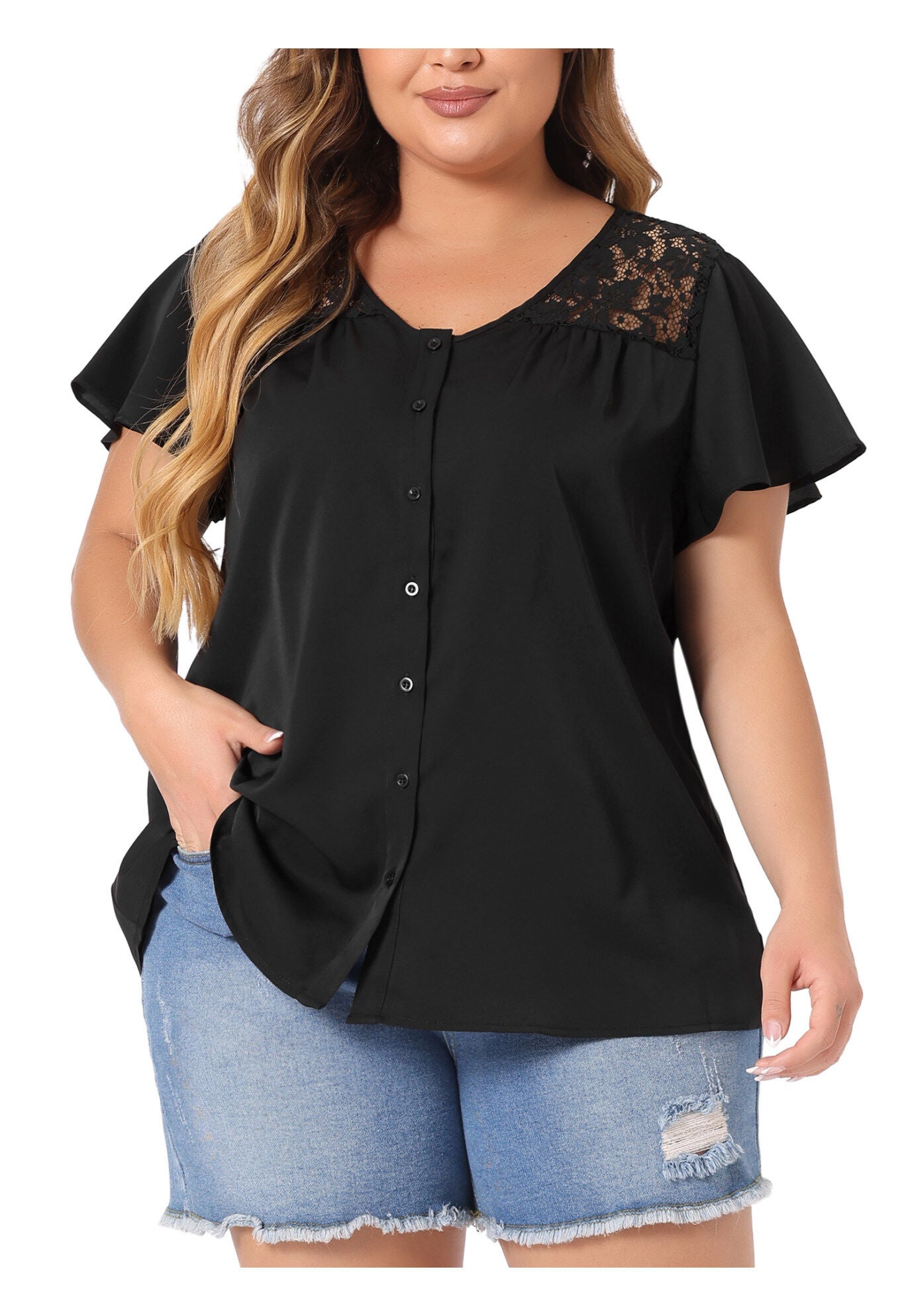 Chiffon Shirt Summer Lace V Neck Flare Sleeve Casual Work Top, Black / Black, alternate image number 2