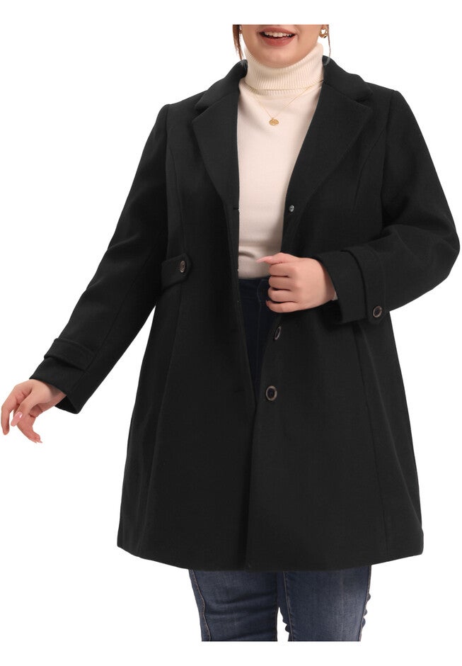 Single Breasted Notched Lapel Elegant Long Coat, Black / Black, alternate image number 2