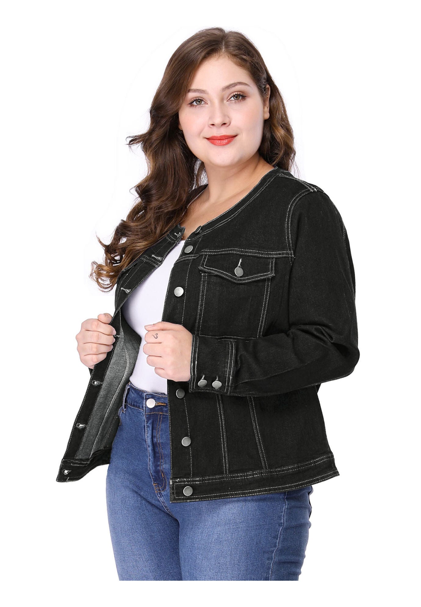 COLLARLESS DENIM JACKET, Black / Black, alternate image number 4