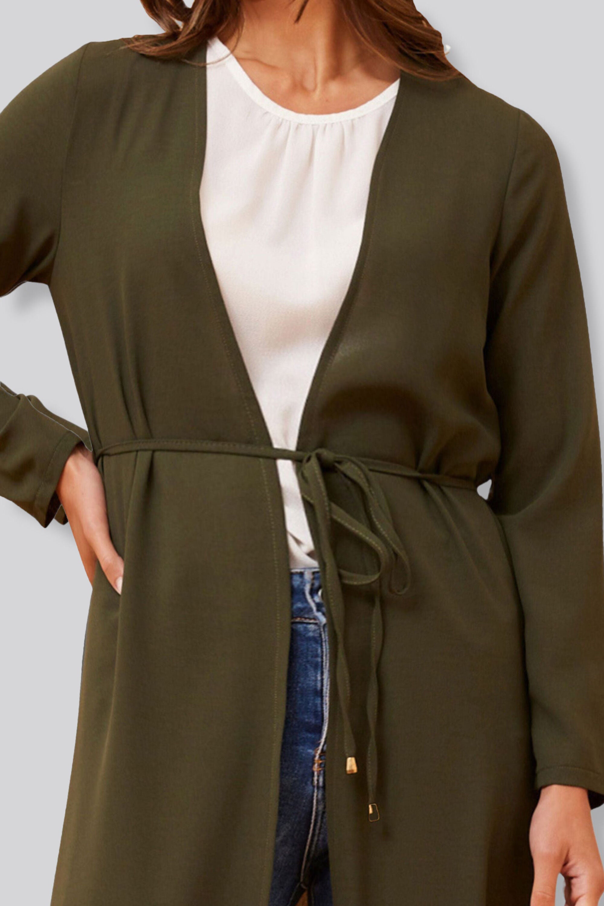 Fanny Long Woven Cover-Up Maxi Cardigan Open Tie Front, Green / Forest Green, alternate image number 2