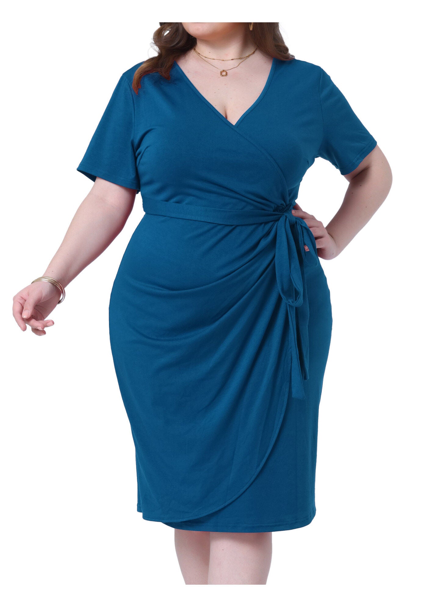 V Neck Ruched Wrap Belted Bodycon Midi Dress, Peacock Blue / Teal, alternate image number 2