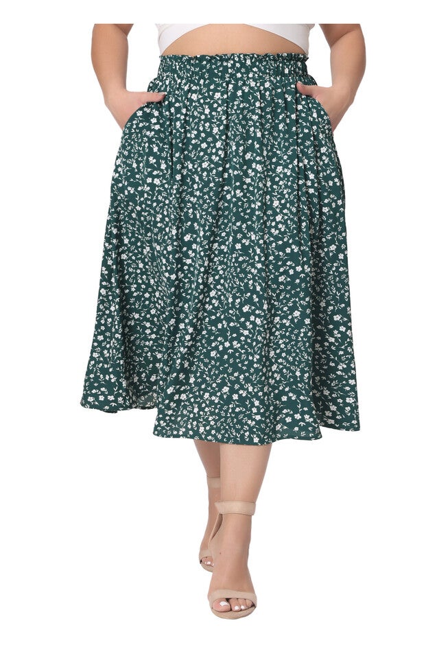 Printed Chiffon Elastic Waist Flowy Midi Skirt with Pockets, Dark Green / Forest Green, alternate image number 3