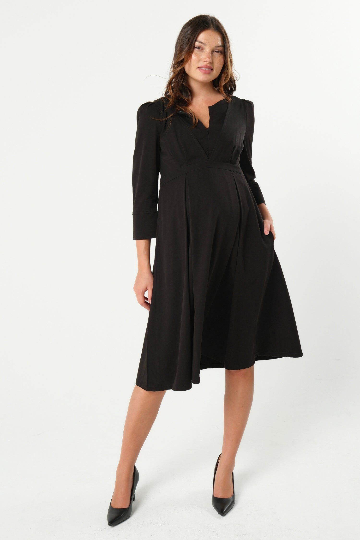 MARION Women&#39;s Empire Waist Maternity & Nursing Midi Tea Dress in TENCEL, Black / Black, hi-res image number 0