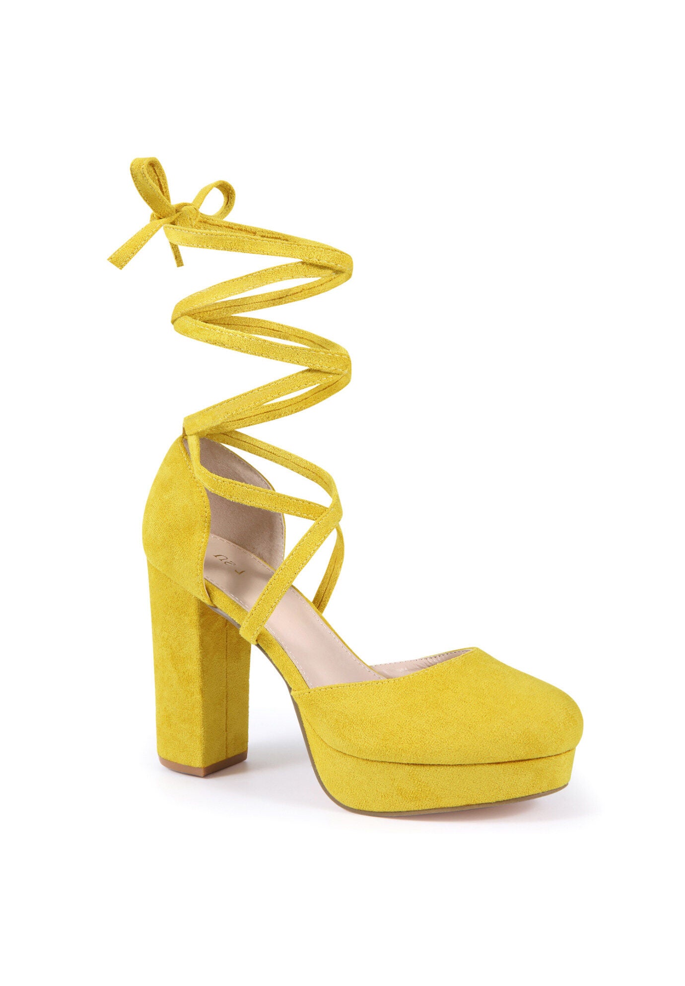 Lace Up Strappy Platform Block Heel Pumps, Yellow / Yellow, hi-res image number 0