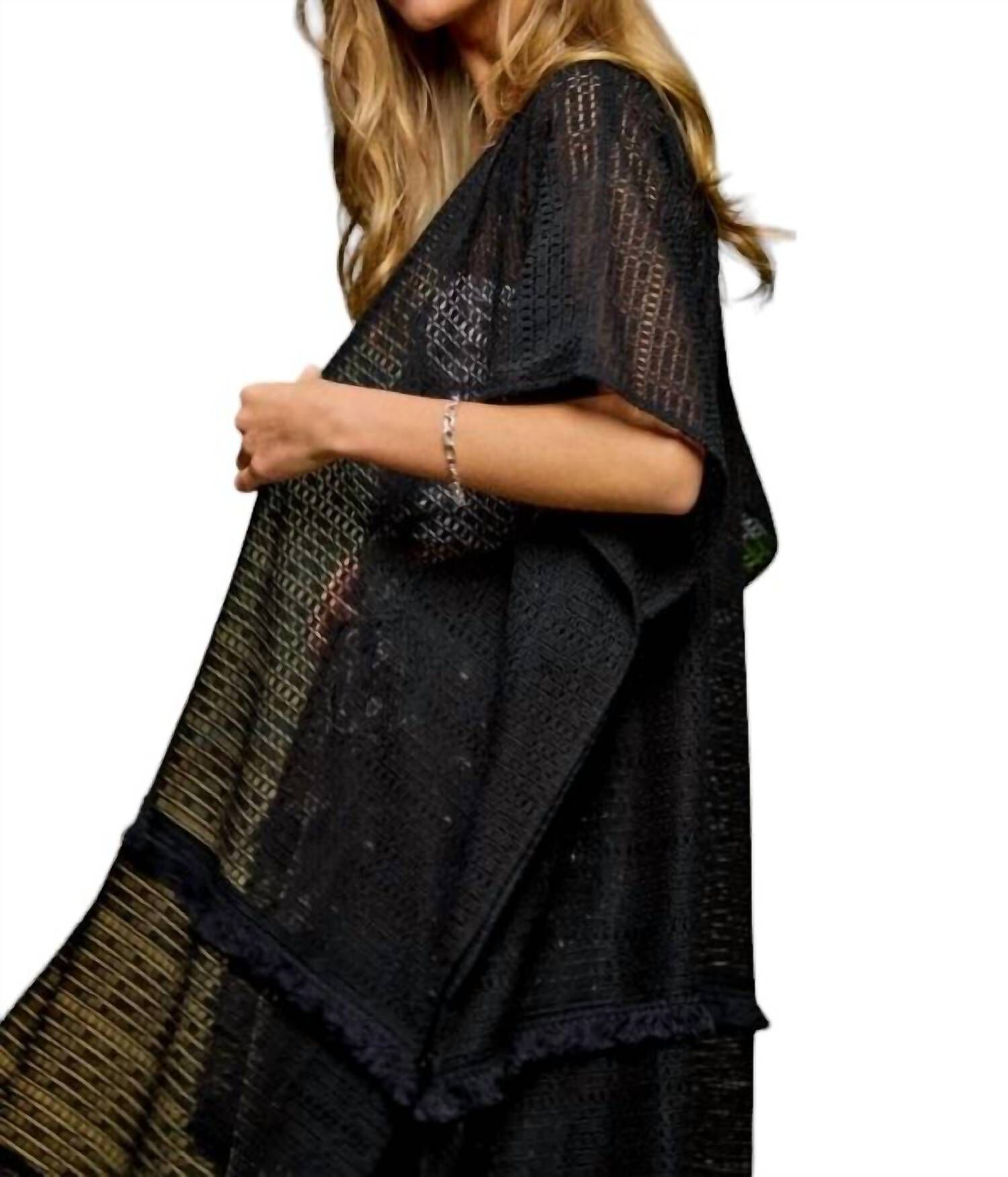 SQUARE-LACE FRINGE TRIM DETAIL OPEN FRONT KIMONO IN BLACK, Black / Black, alternate image number 1