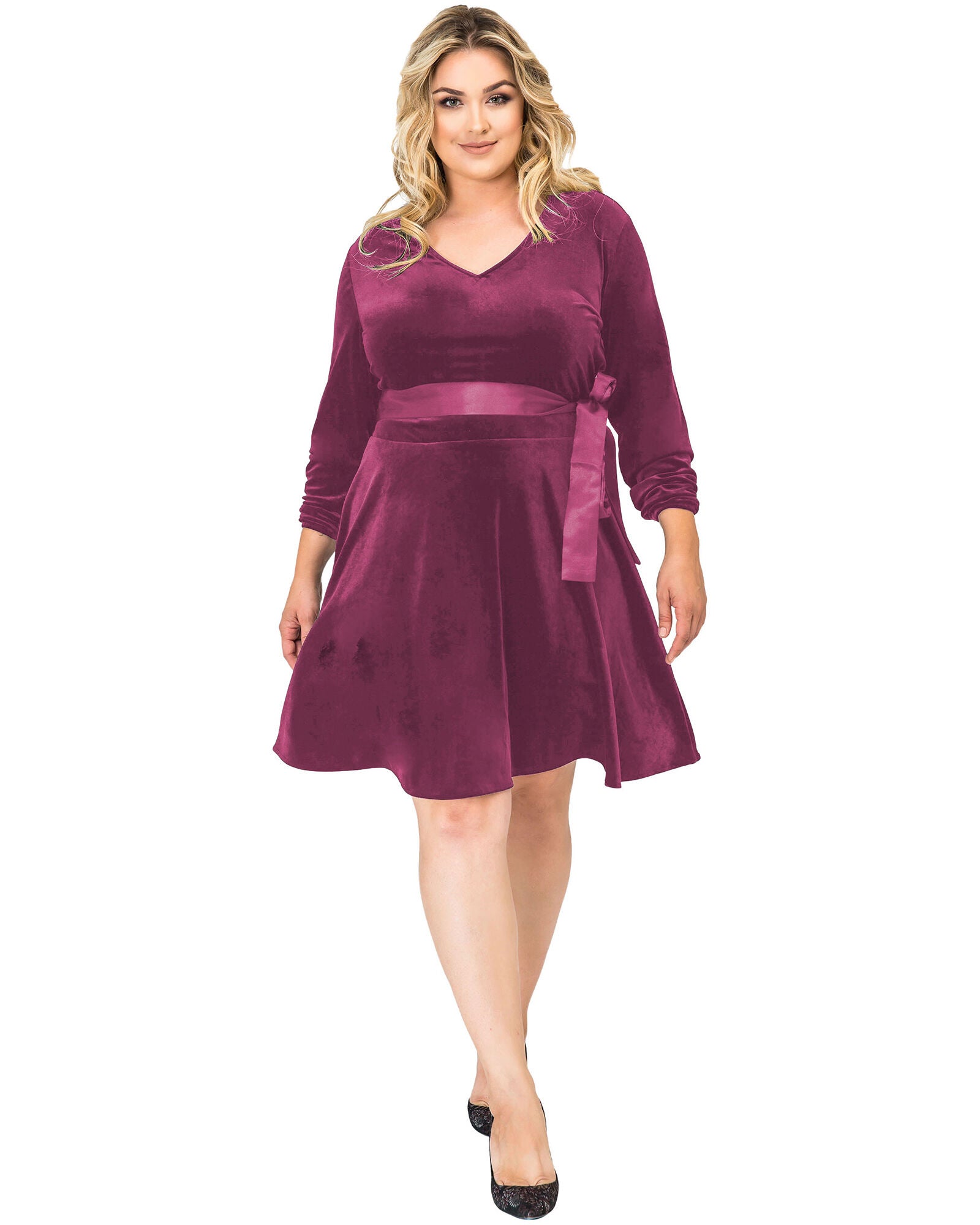 Plus Size Millie Stretch Velvet V-Neck Aline Dress With Satin Belt, ROSE / Magenta, hi-res image number 0