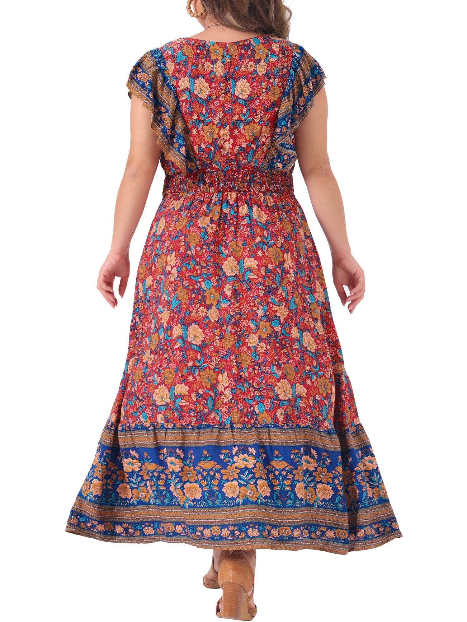 V Neck Ruffle Sleeve Boho Floral Maxi Long Dress, Red / Red, alternate image number 3