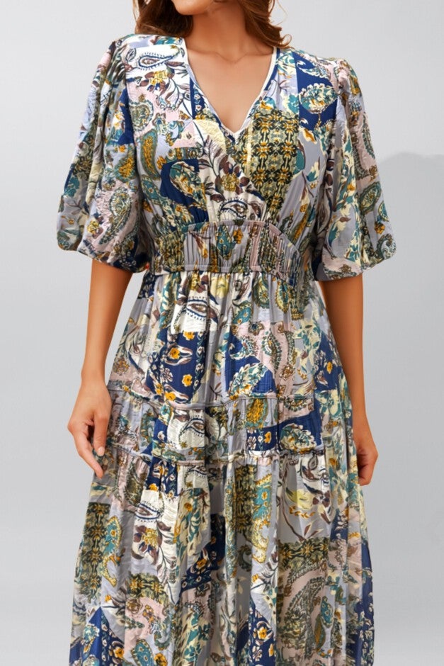 Adeline Bohemian Floral Patchwork Maxi Dress – V-Neck Puff Sleeve Vintage Chic Summer Dress, Blue / Dusty Blue, alternate image number 1