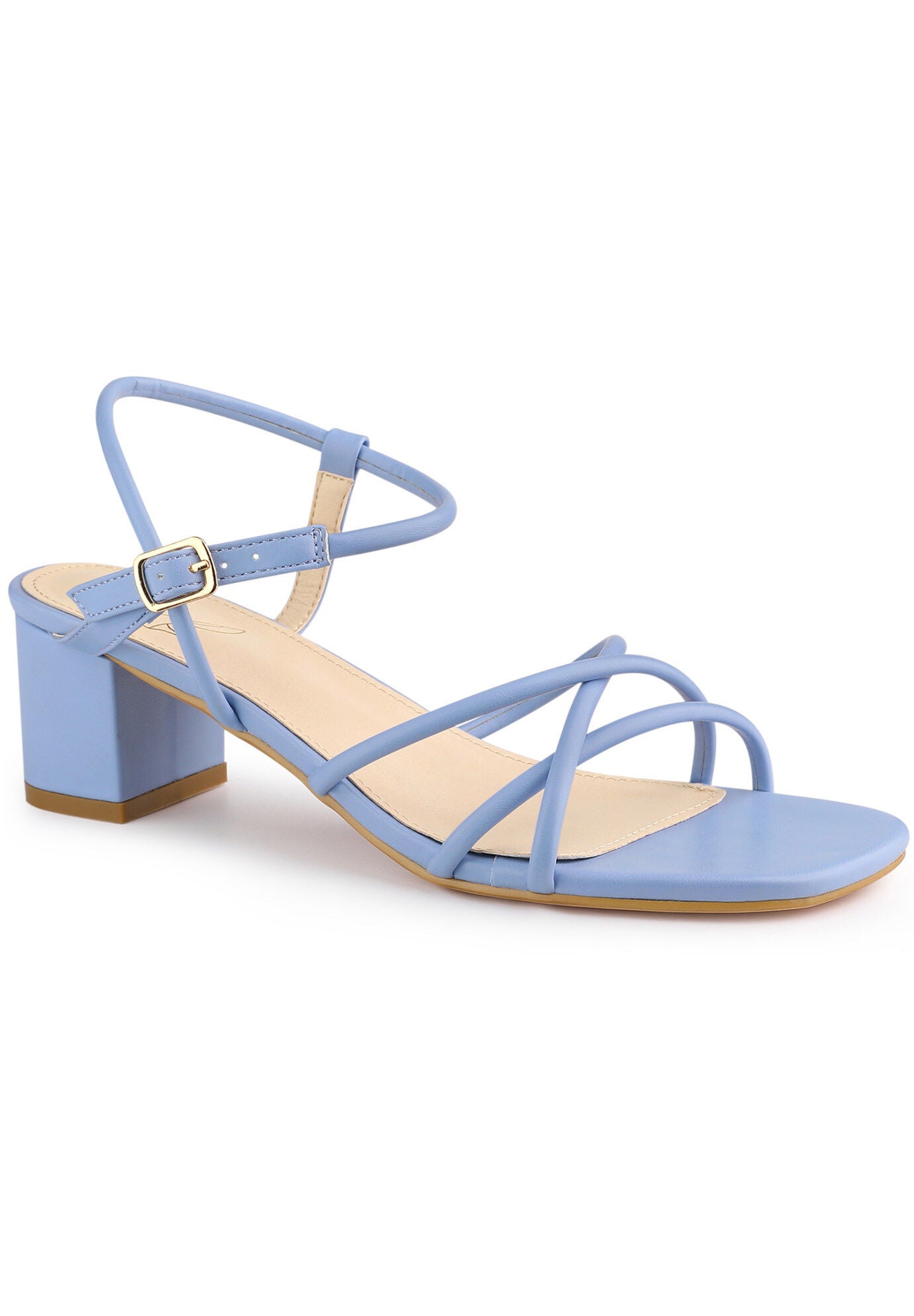Strappy Heels Square Toe Slingback Chunky Heel Sandals, Blue / Dusty Blue, hi-res image number 0