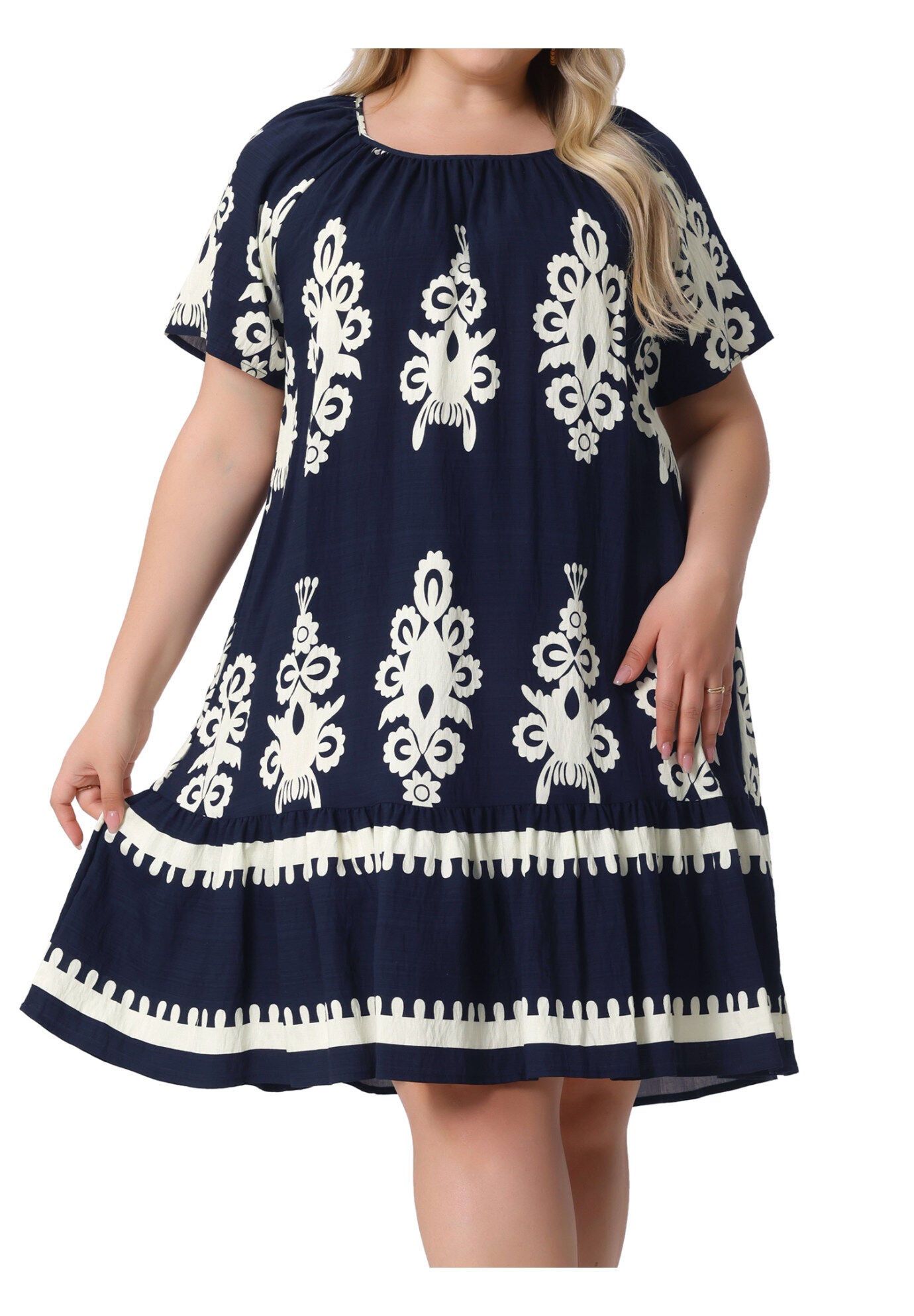 Summer Boho Short Sleeve Flared Midi Sun Dress, Dark Blue / Navy, alternate image number 3