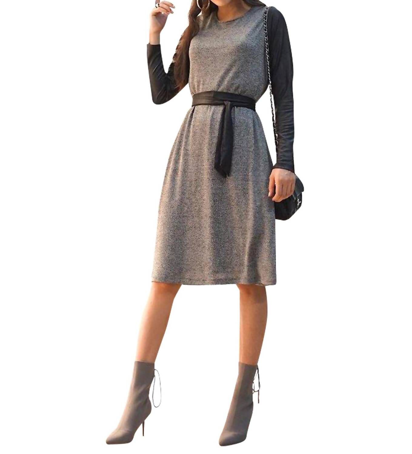 LEATHER SLEEVE DRESS IN BLACK AND GREY, Black And Grey / Black, hi-res image number 0