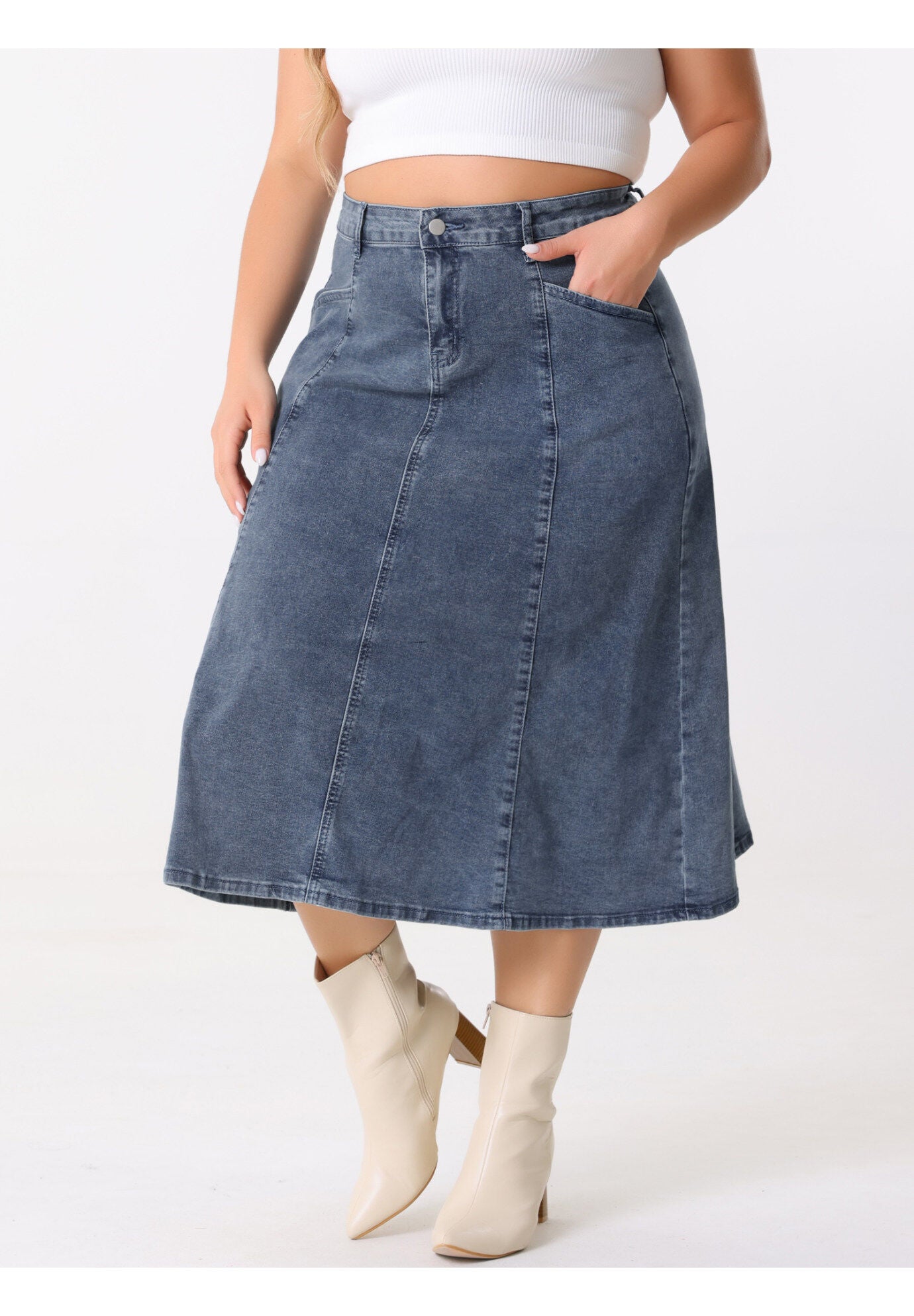 Denim Vintage High Waist with Pockets A-Line Midi Jean Skirt, Grey Blue / Dusty Blue, alternate image number 1