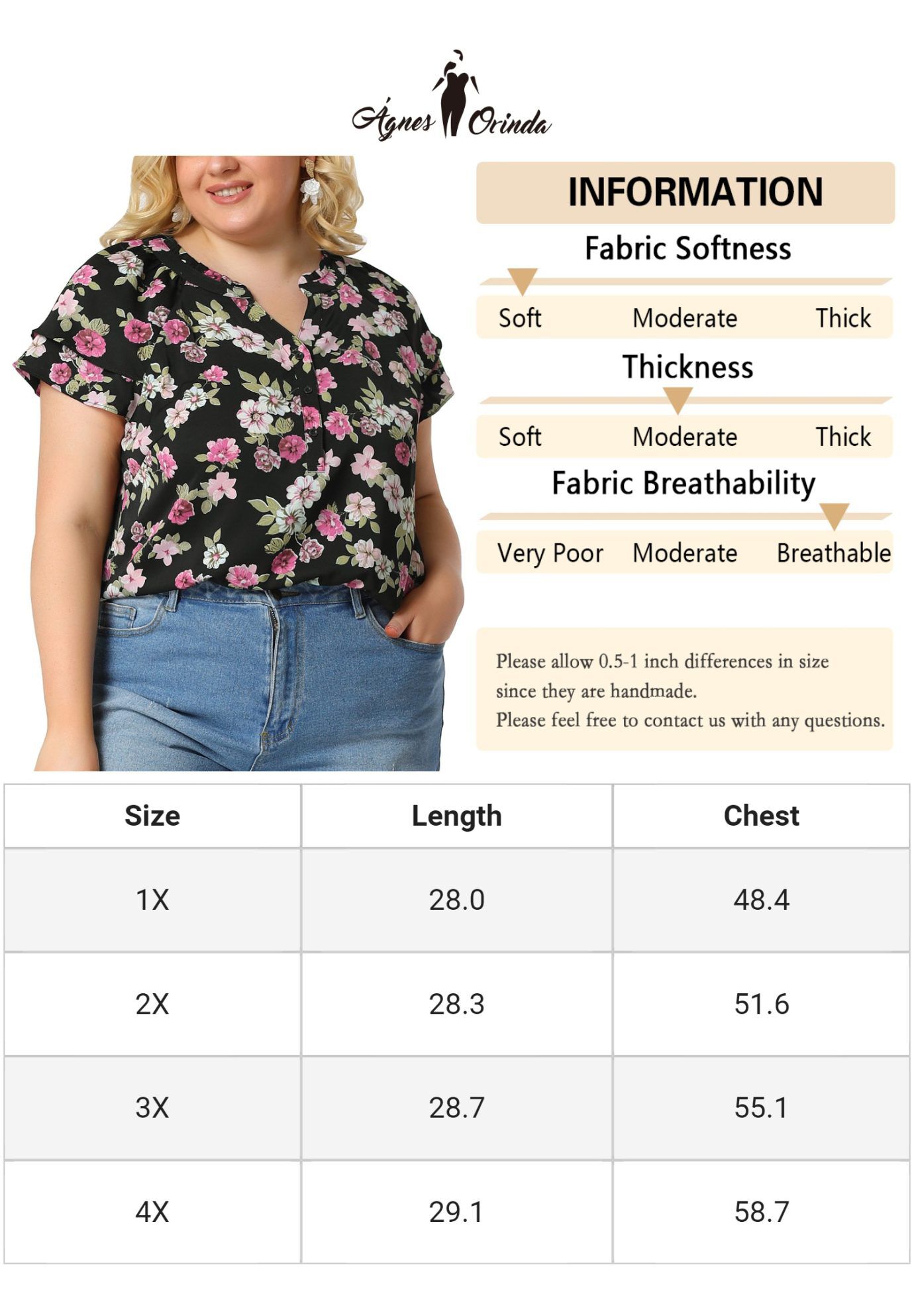 Floral Ruffle Trim V Neck Layered Sleeve Blouse, Black / Black, alternate image number 3