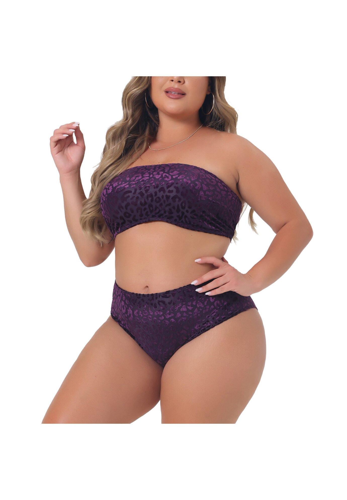 2 Piece Bandeau Bikini Velvet Leopard High Waisted Swimsuit, Purple / Purple, alternate image number 1