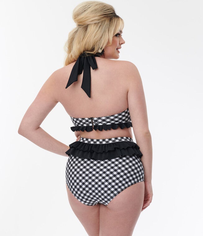 Unique Vintage Black & White Gingham Ruffle Swim Bottom, Black  White Gingham / Black, alternate image number 3
