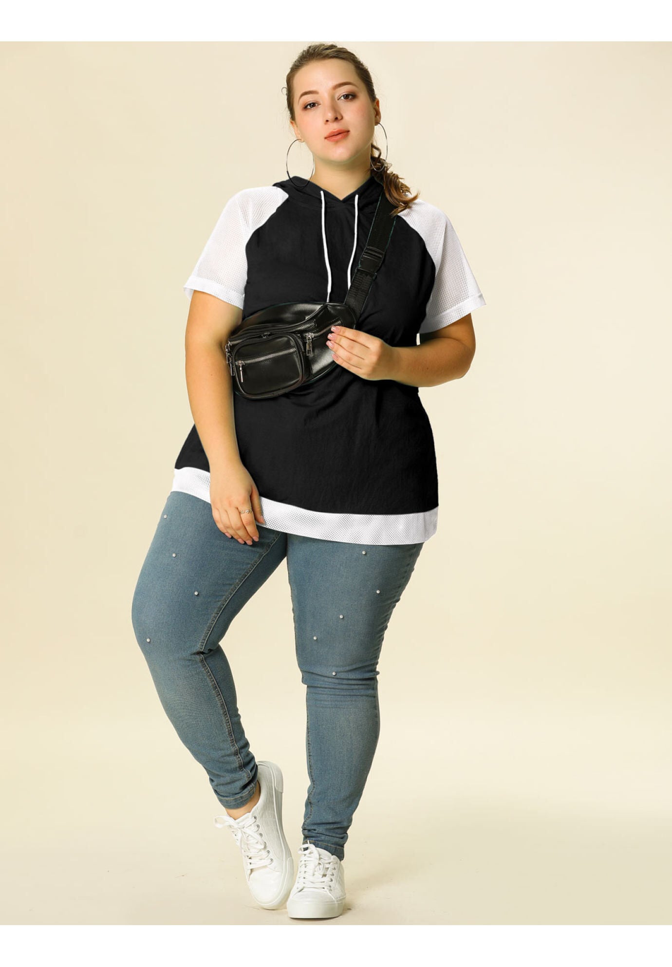 SHORT SLEEVES DRAWSTRING LOOSE RAGLAN HOODIE TOP, Black / Black, hi-res image number 0