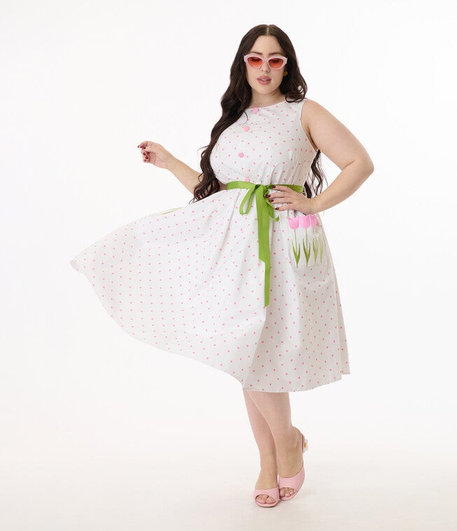 Smak Parlour Plus Size Pink Pin Dot Tulip Sleeveless Swing Dress, Pink / Pink, hi-res image number 0