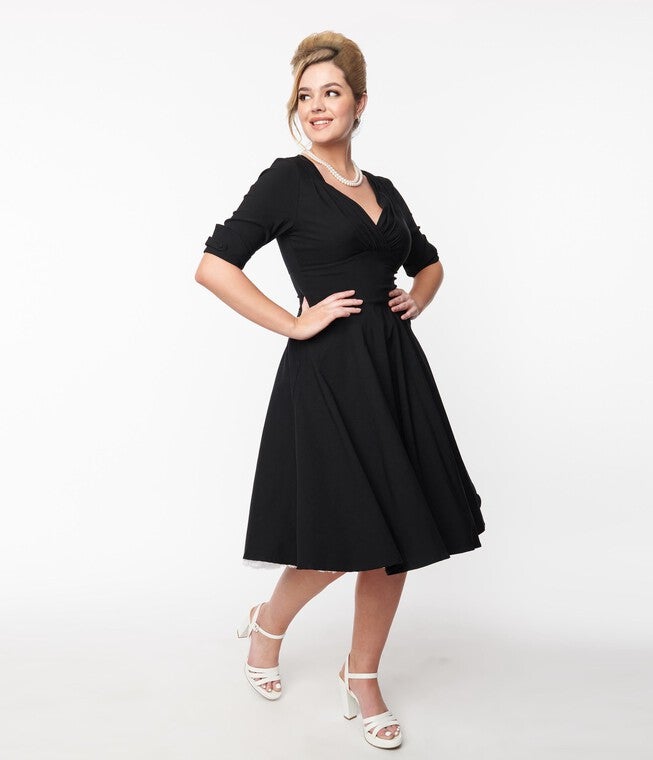 Unique Vintage Black Delores Swing Dress with Sleeves, Black / Black, alternate image number 4