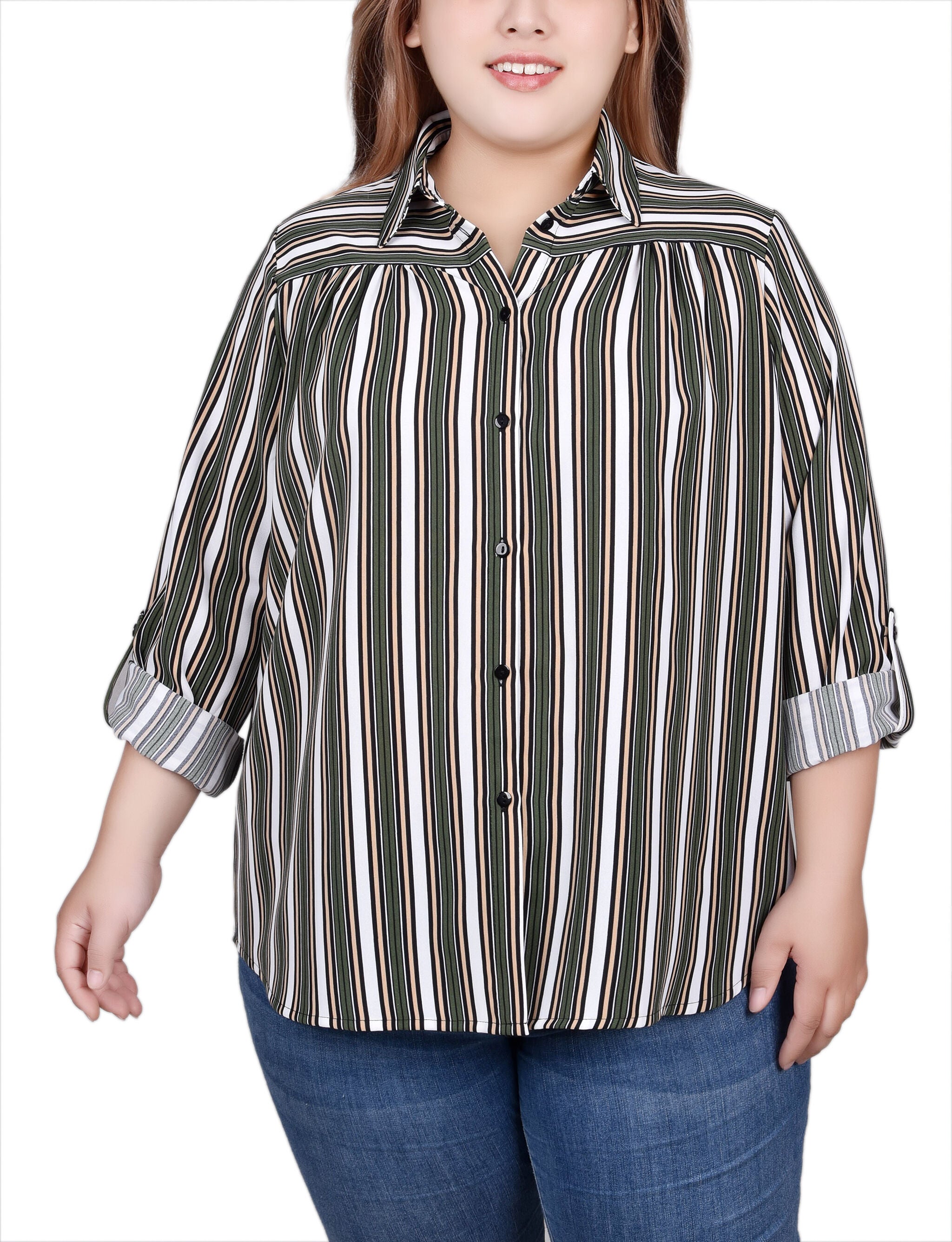 Long Roll Tab Sleeve Blouse, White Olive Stripe / white, hi-res image number 0