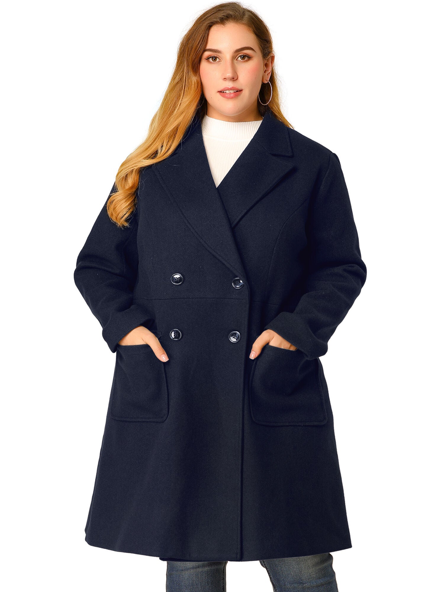 NOTCH LAPEL DOUBLE BREASTED PEA TRENCH COAT, Navy Blue / Navy, alternate image number 2