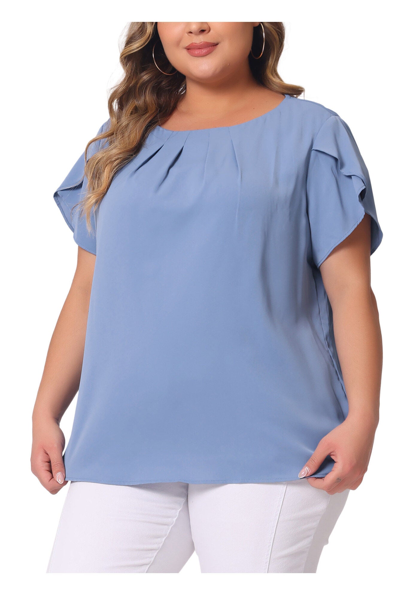 Round Neck Pleated Top Tulip Sleeves Blouse Top, Blue / Cornflower Blue, alternate image number 1