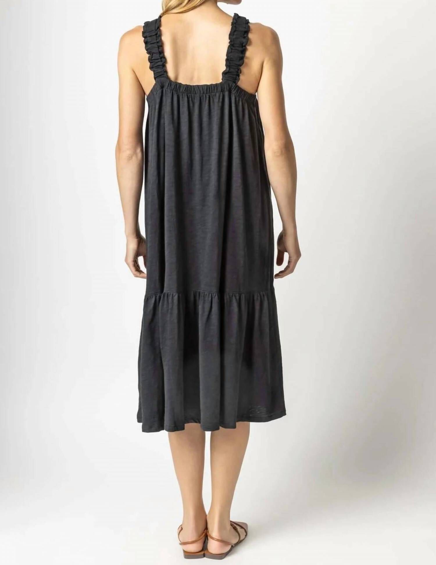 GATHERED STRAP PEPLUM DRESS IN BLACK, , alternate image number 6