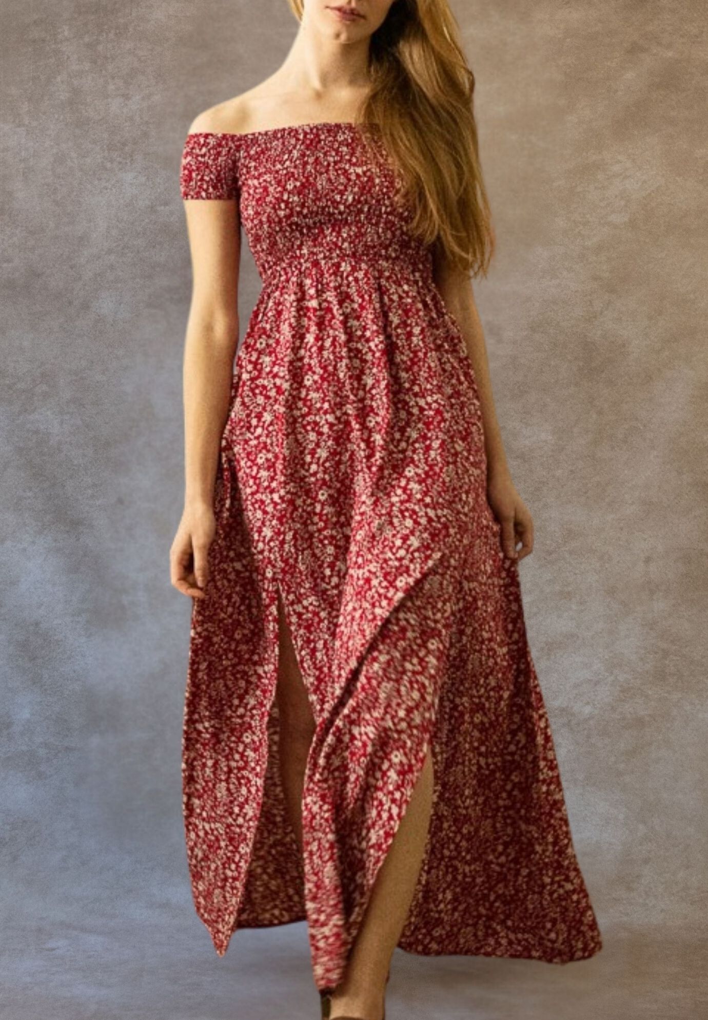 Annick- Lilou On-Off Shoulder Ditsy Floral Maxi Dress Front Slits, Red / Red, alternate image number 2