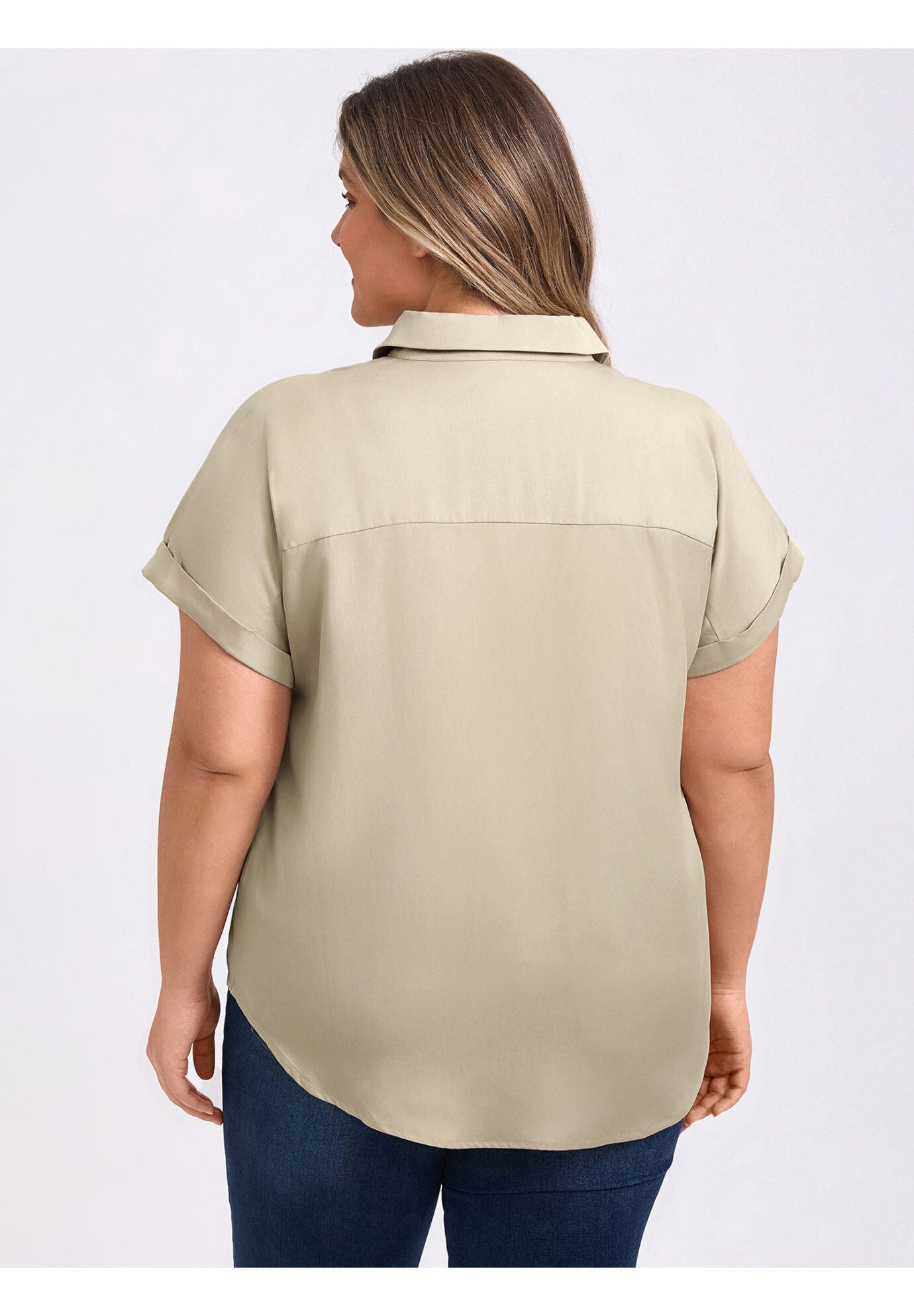 Button Down Lapel Shirt Rolled Cuffed Short Sleeve Collared Top, Khaki / Beige, alternate image number 2