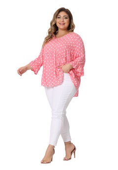 Polka Dots Blouse V Neck 3/4 Ruffle Sleeve Peplum Top