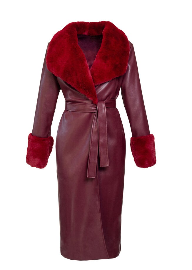 Faux Fur Collar & Leather Wrap Coat, Burgundy / Burgundy, alternate image number 3