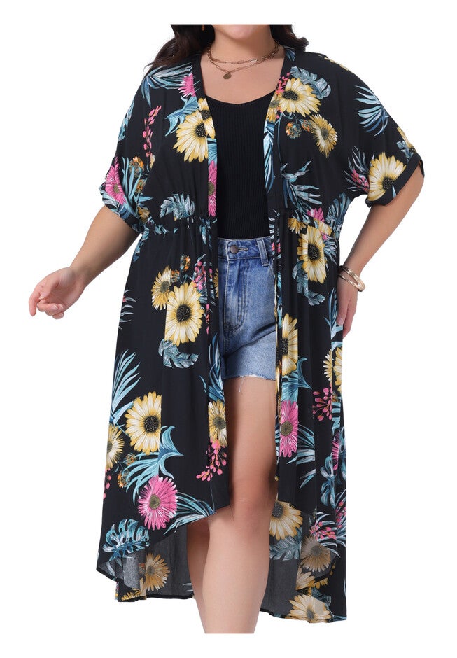 Floral Print Short Sleeve Kimono Cardigan Loose Beach Wear Cover Up, Black / Black, alternate image number 2