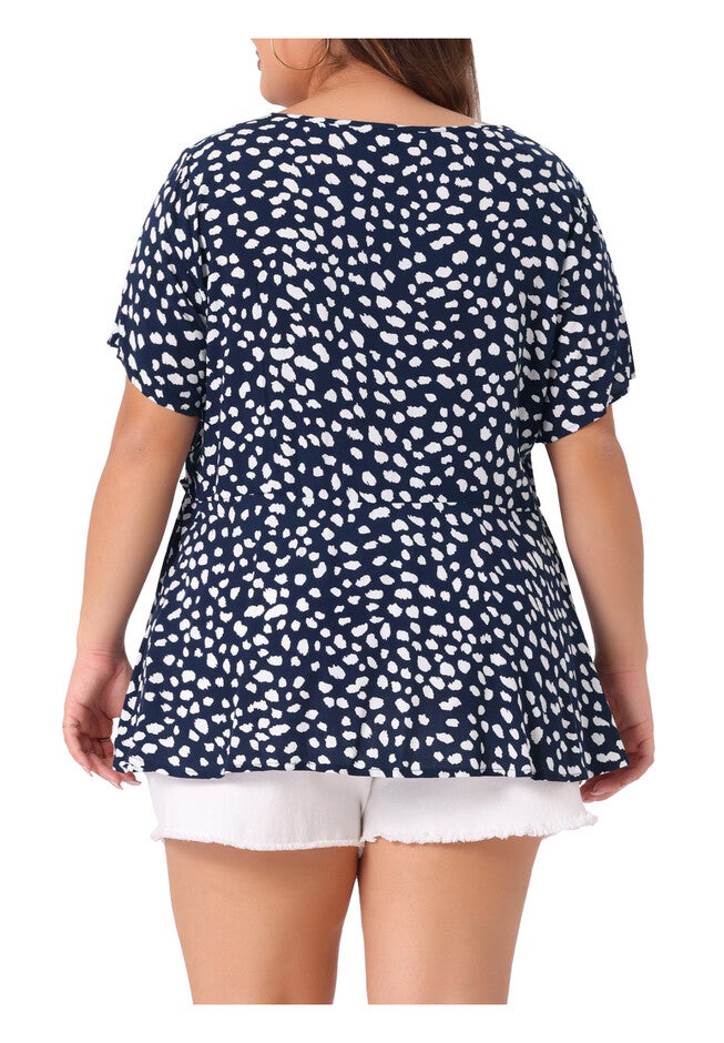 Polka Dots Crew Neck Short Sleeve Peplum Top, Navy Blue / Navy, alternate image number 3