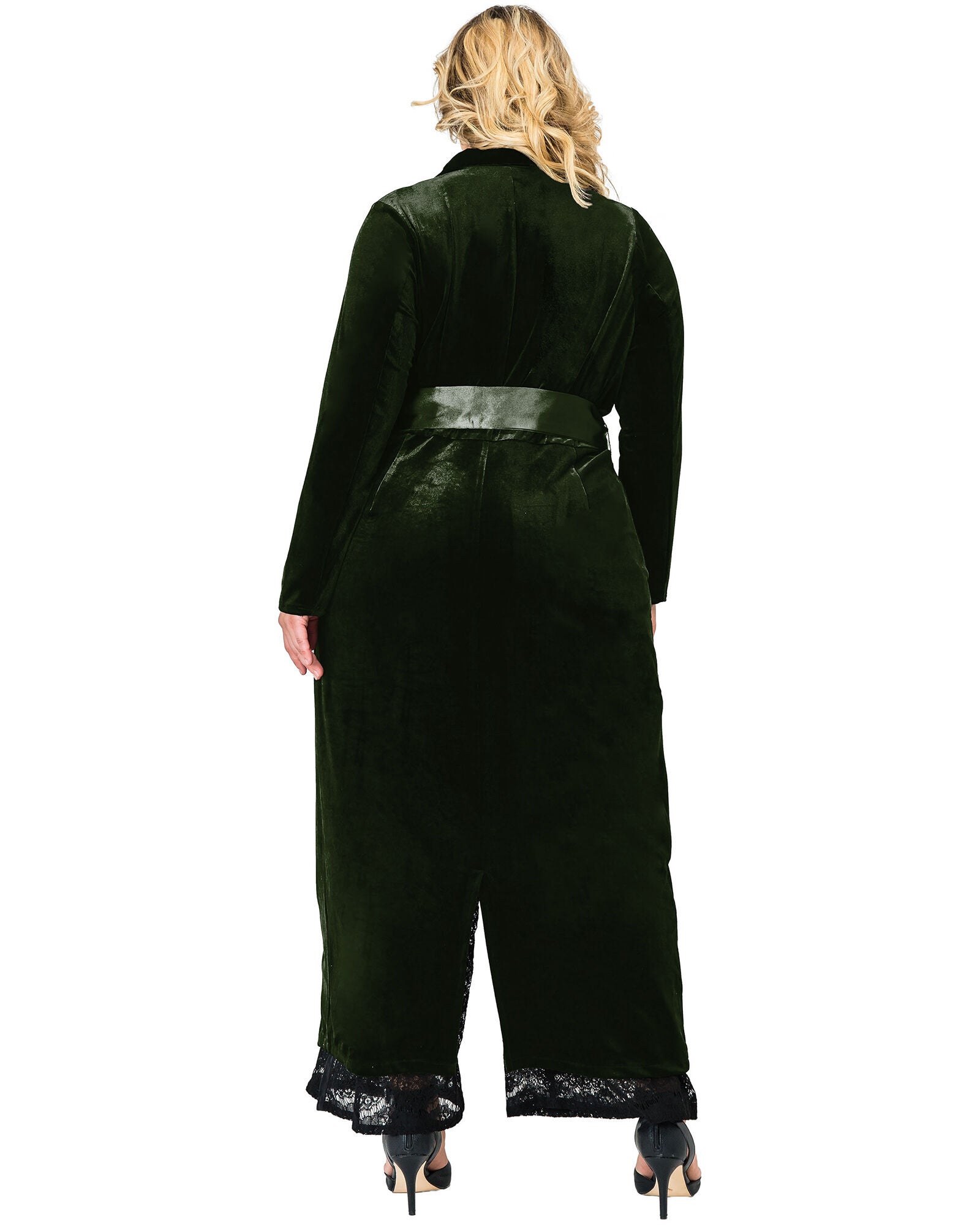Plus Size Freya Stretch Velvet Wrap Midi Coat Dress With Satin Lapel And Satin Belt, GREEN / Hunter Green, alternate image number 2