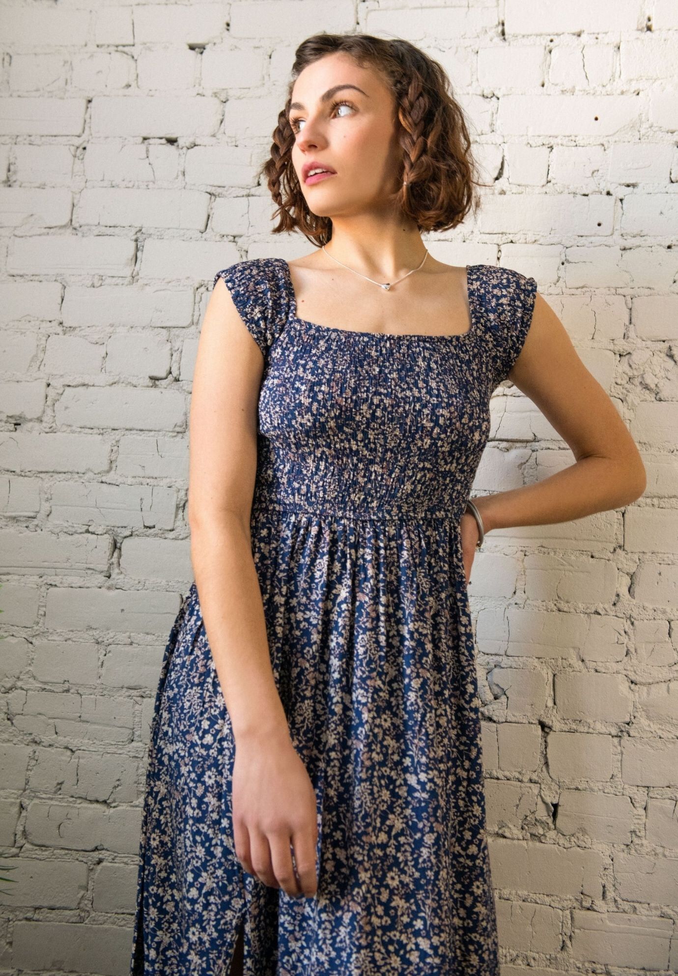 Annick- Lilou On-Off Shoulder Ditsy Floral Maxi Dress Front Slits, Navy / Navy, alternate image number 1