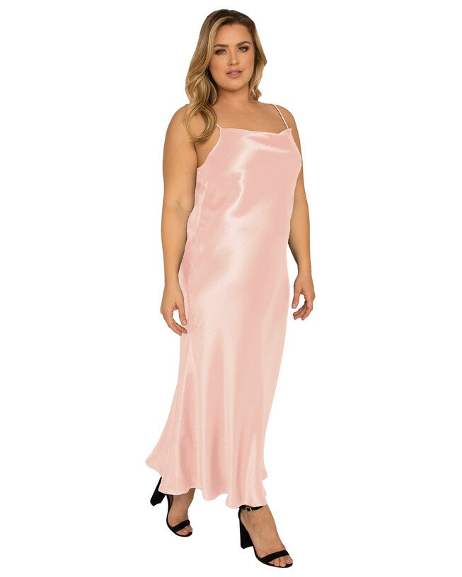Michelle Plus Size Cowl Neck Spaghetti Strap Satin Slip Midi Dress, Rose Pink / Pink, alternate image number 1