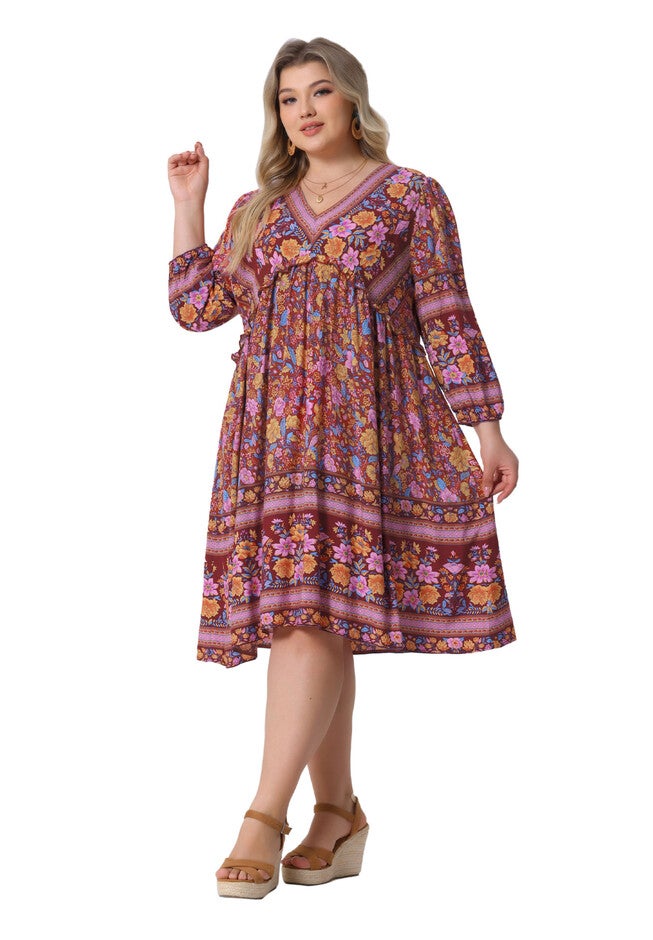 Boho Floral V Neck 3/4 Sleeve Mini Short Dress, Yellow Pink / Pink, hi-res image number null
