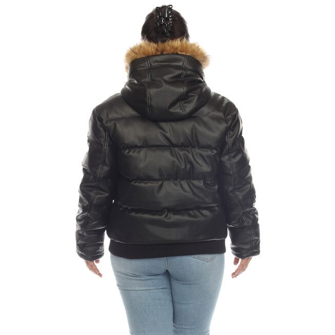 Women's Removable Fur Hoodie Bomber Leather Jacket, Black / Black, alternate image number null