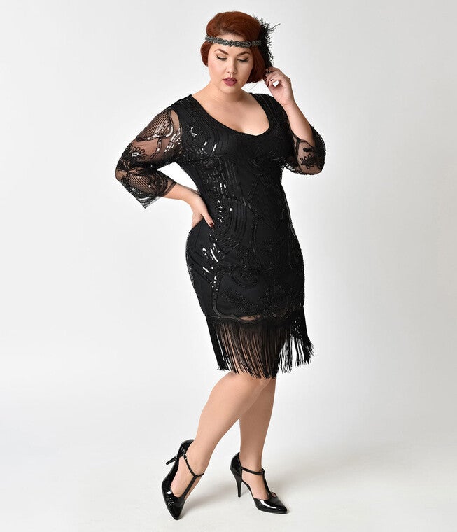 Unique Vintage 1920s Black Beaded & Sequin Margaux Sleeved Fringe Flapper Dress, Black / Black, hi-res image number 0