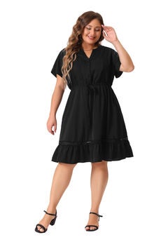 Button V Neck Summer Midi Ruffle A Line Swing Dress