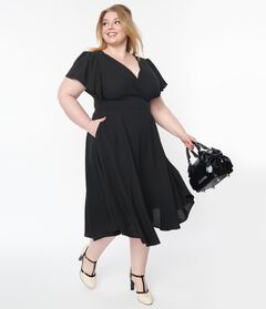 Unique Vintage Plus Size Black Texture Swing Dress