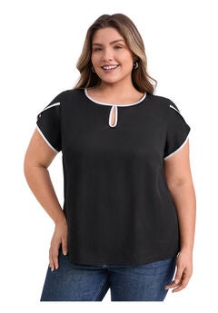Keyhole Crew Neck Tulip Sleeve Contrasting Colors Casual Blouse