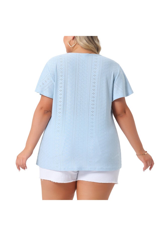 Summer Tee V Neck Hollow Flare Short Sleeve Casual Top Tunic, Light Blue / Light Blue, alternate image number 3