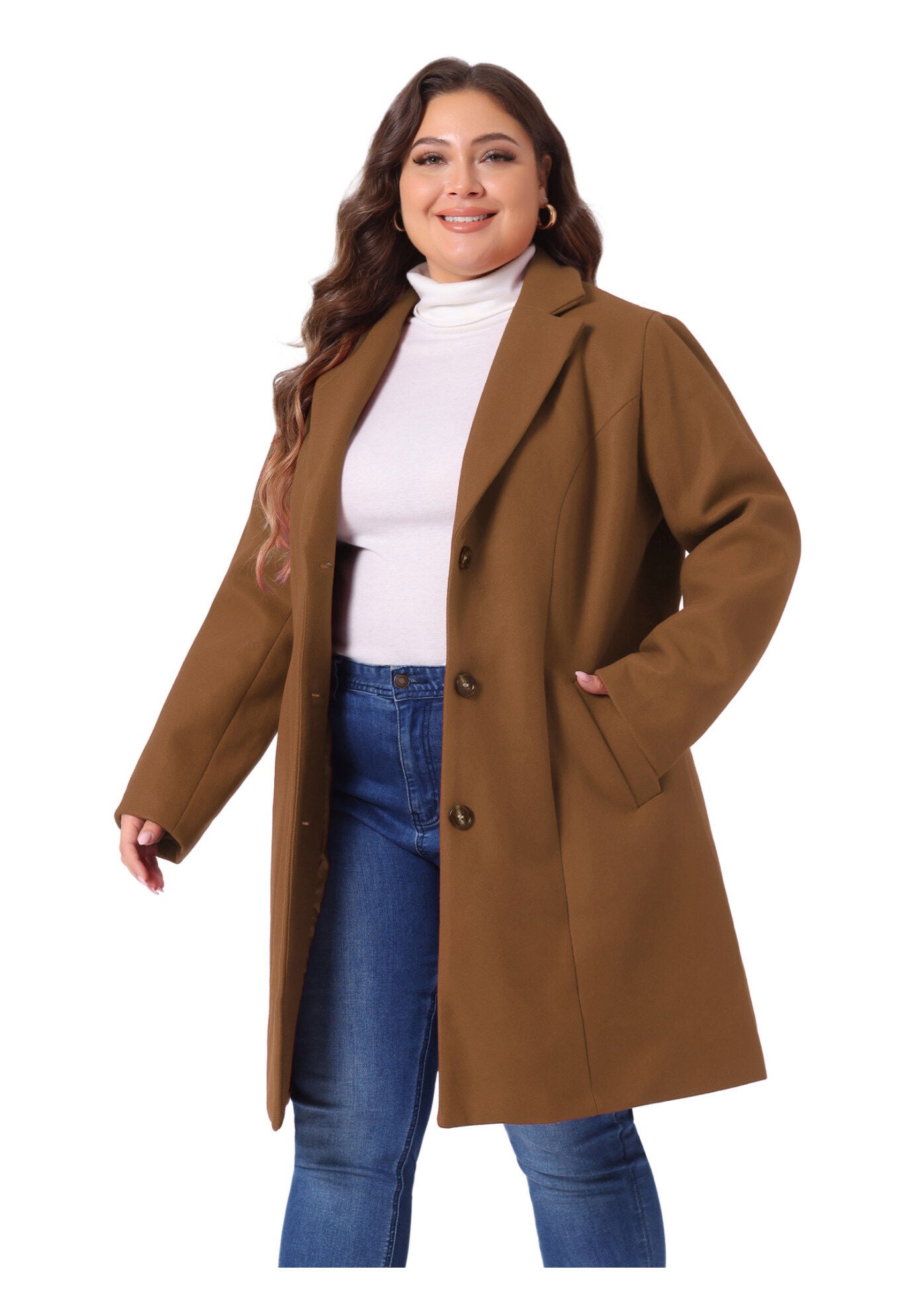 SINGLE BREASTED NOTCHED LAPEL LONG WINTER COAT, Dark Brown / Brown, alternate image number 2