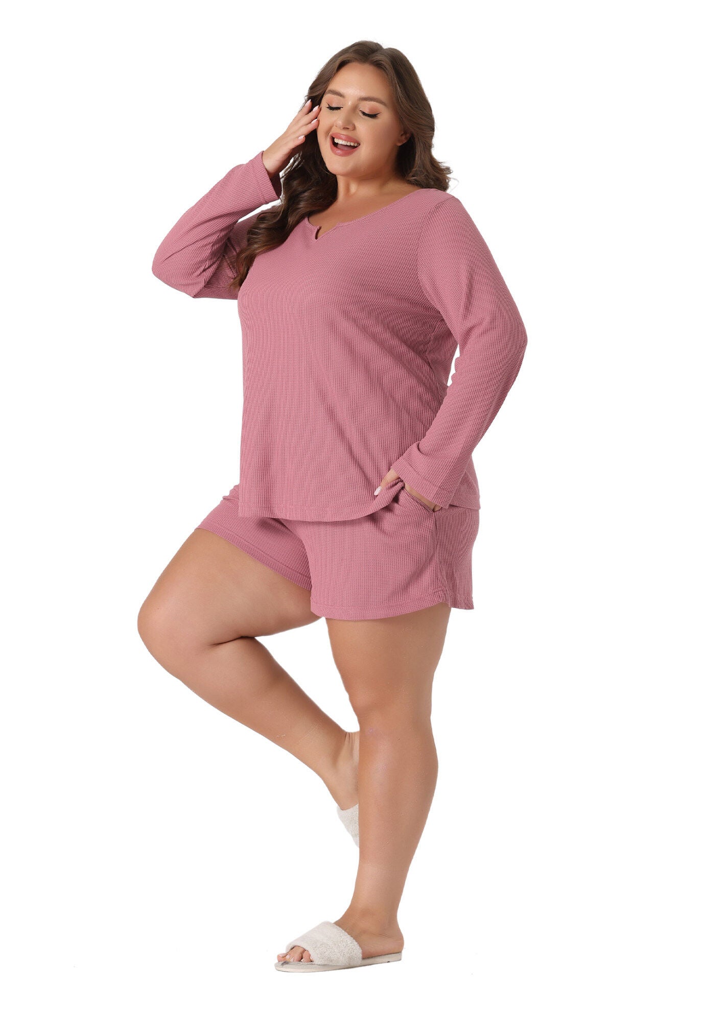 Waffle 2 Piece Long Sleeved Top and Shorts Pajama Sweatsuits Set, Dark Pink / Deep Fuchsia, hi-res image number 0