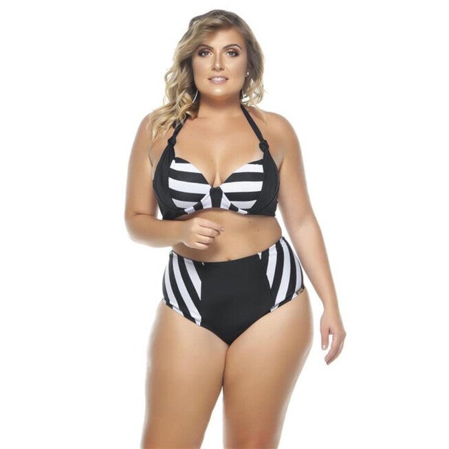 Two Colored High Waisted Bikini Bottom, Black Stripe / Black, hi-res image number 0