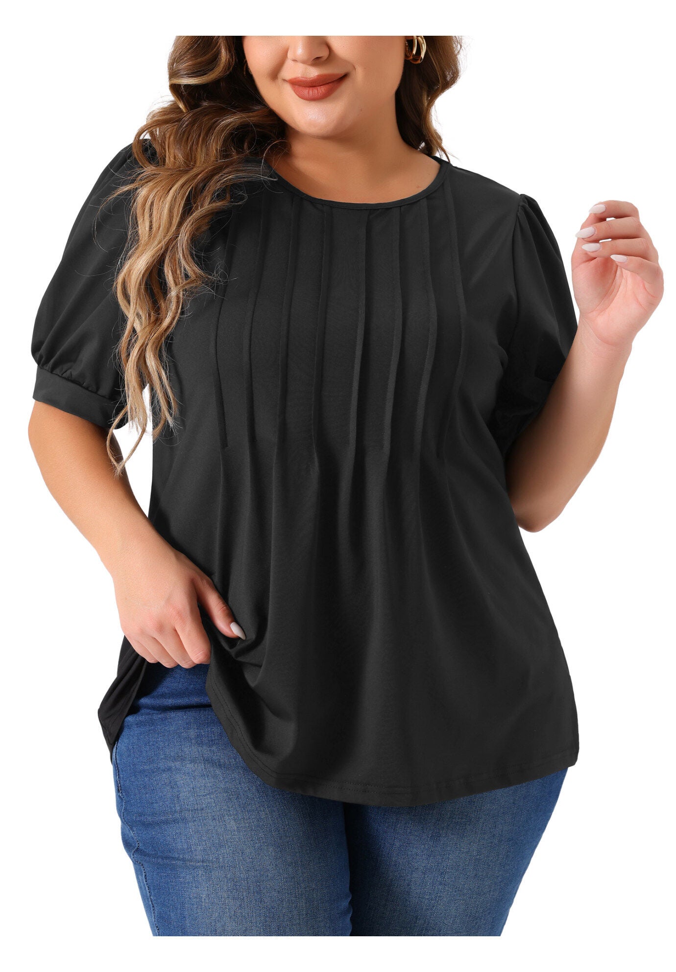 Puff Short Sleeve Crew Neck Pleated Tunic Blouse, Black / Black, alternate image number 2