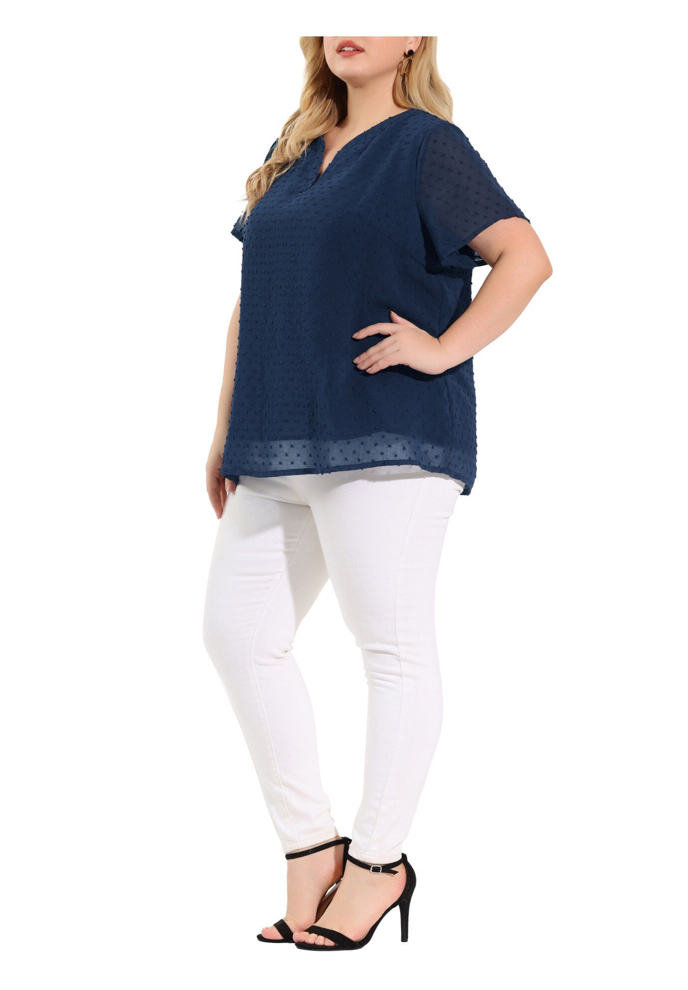 Swiss Dots Notched Neck Short Sleeve Basic Blouse, Navy Blue / Navy, alternate image number 1