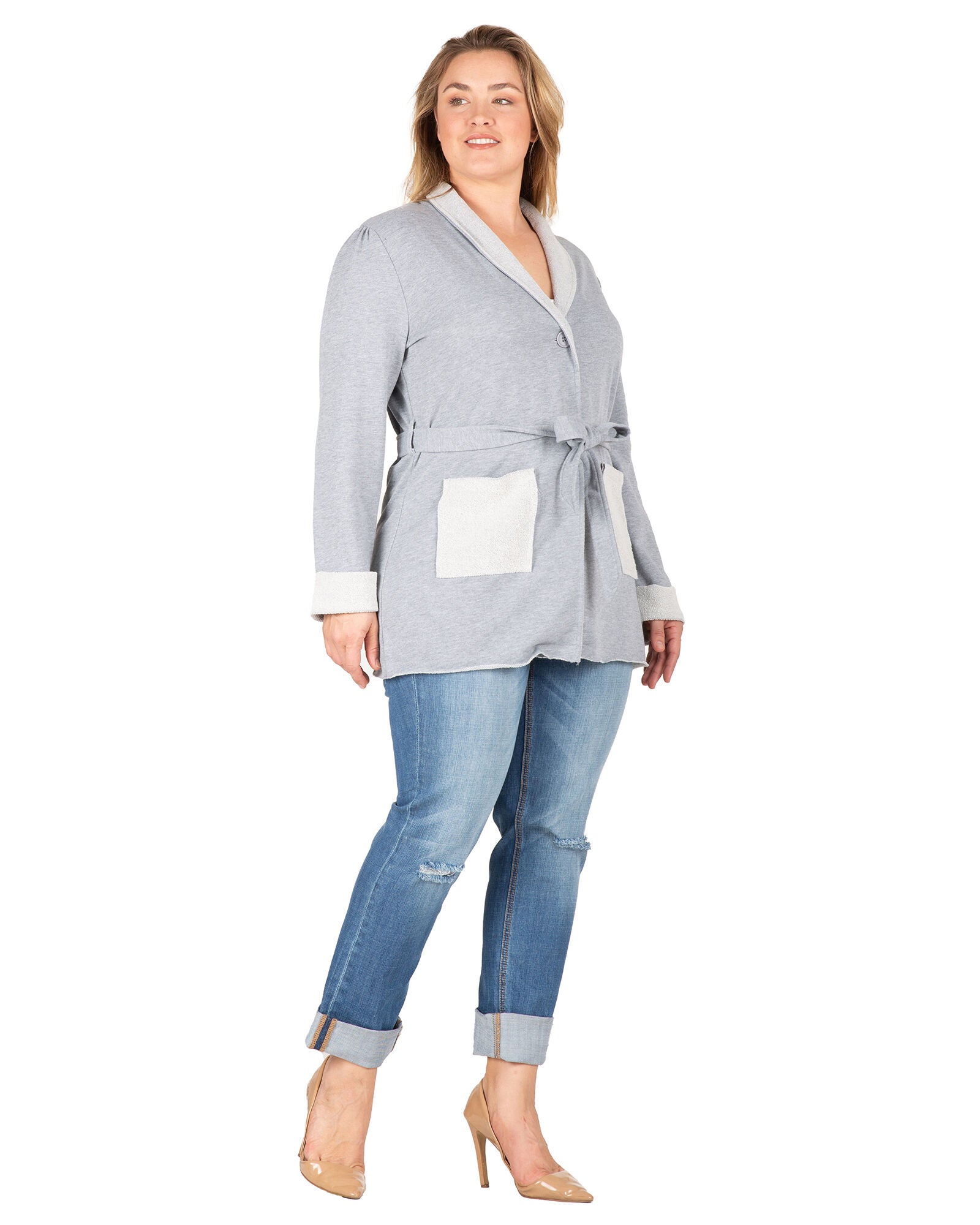 Reverse Trim Shawl Collared Self Tie Cardigan, , alternate image number 8