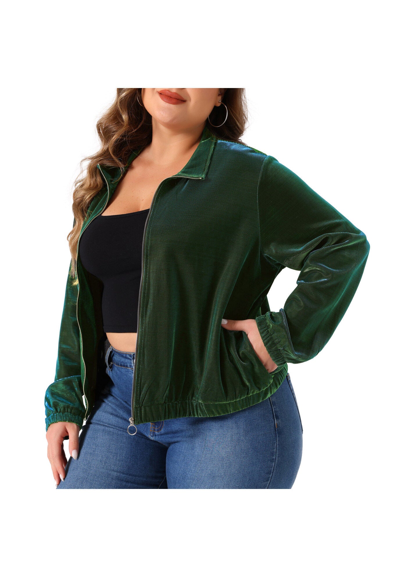 HOLOGRAPHIC MESH LONG SLEEVE ZIP UP JACKET, Green / Forest Green, alternate image number 2